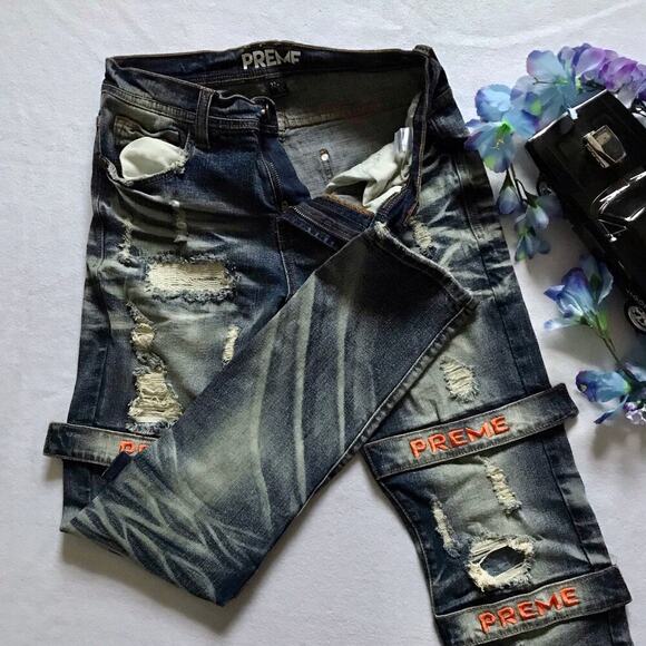 Preme NWOT Medium Wash Distressed Skinny Jeans Men 32 - Picture 6 of 12
